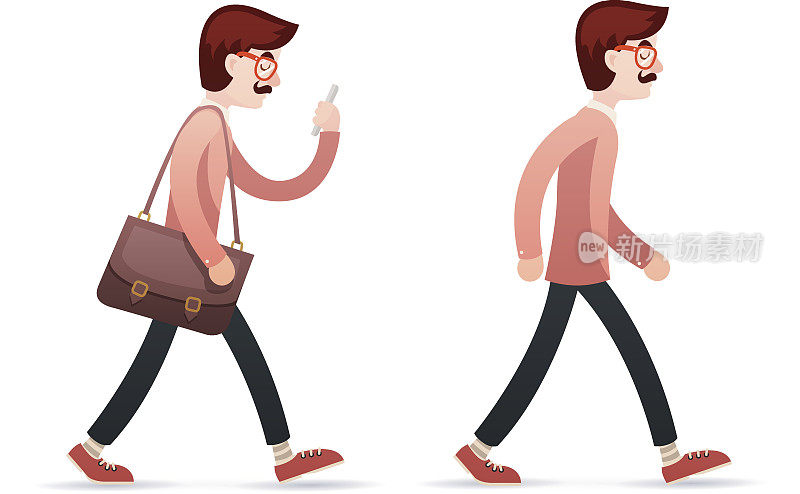 Vintage Male Geek Hipster Engineer Character Walk手机Bag Case Icon on Stylish Background复古卡通设计矢量插图